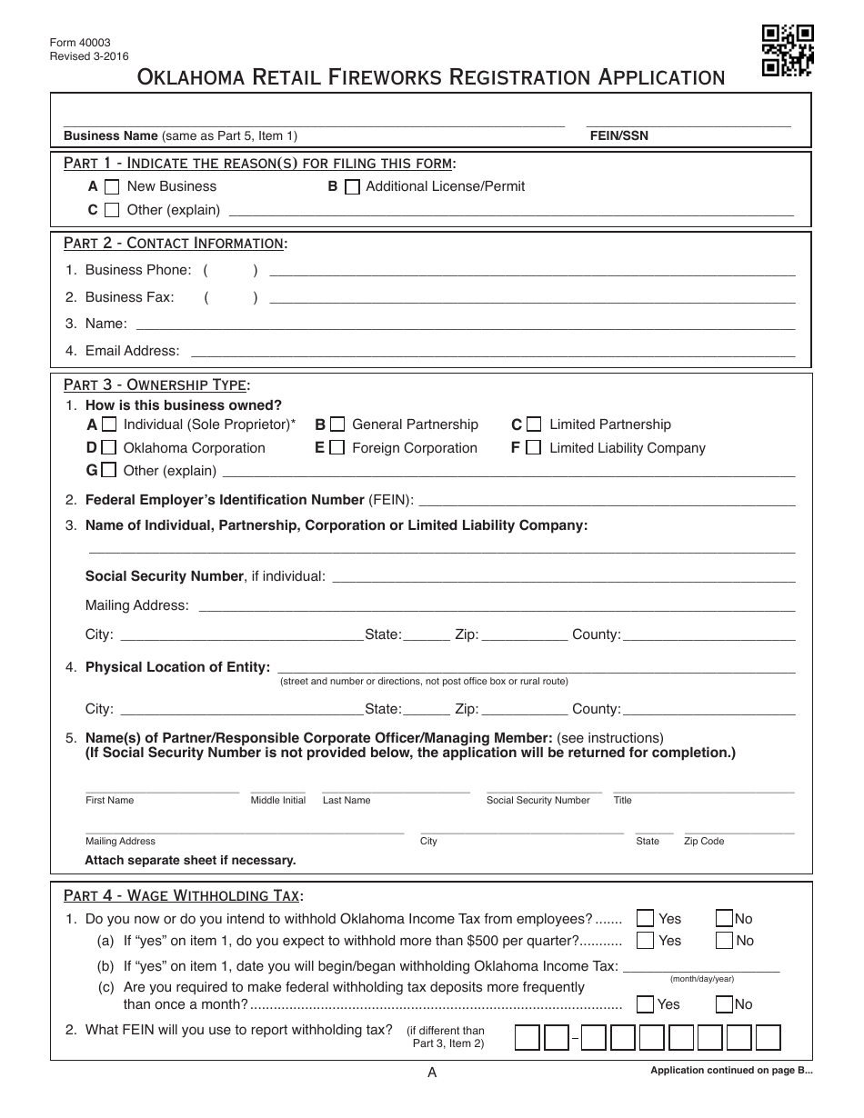 OTC Form 40003 Oklahoma Retail Fireworks Registration Application - Oklahoma, Page 1