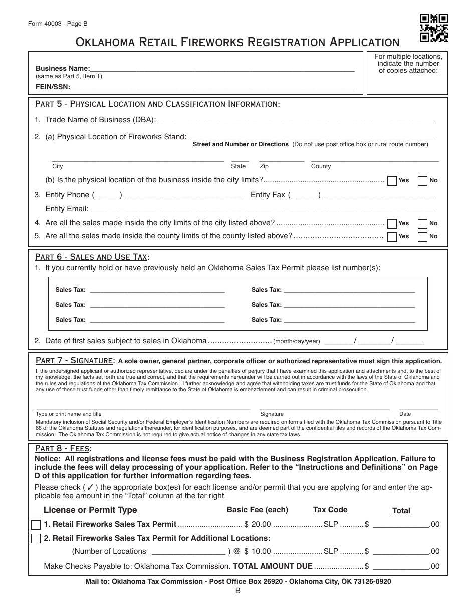 OTC Form 40003 Oklahoma Retail Fireworks Registration Application - Oklahoma, Page 2