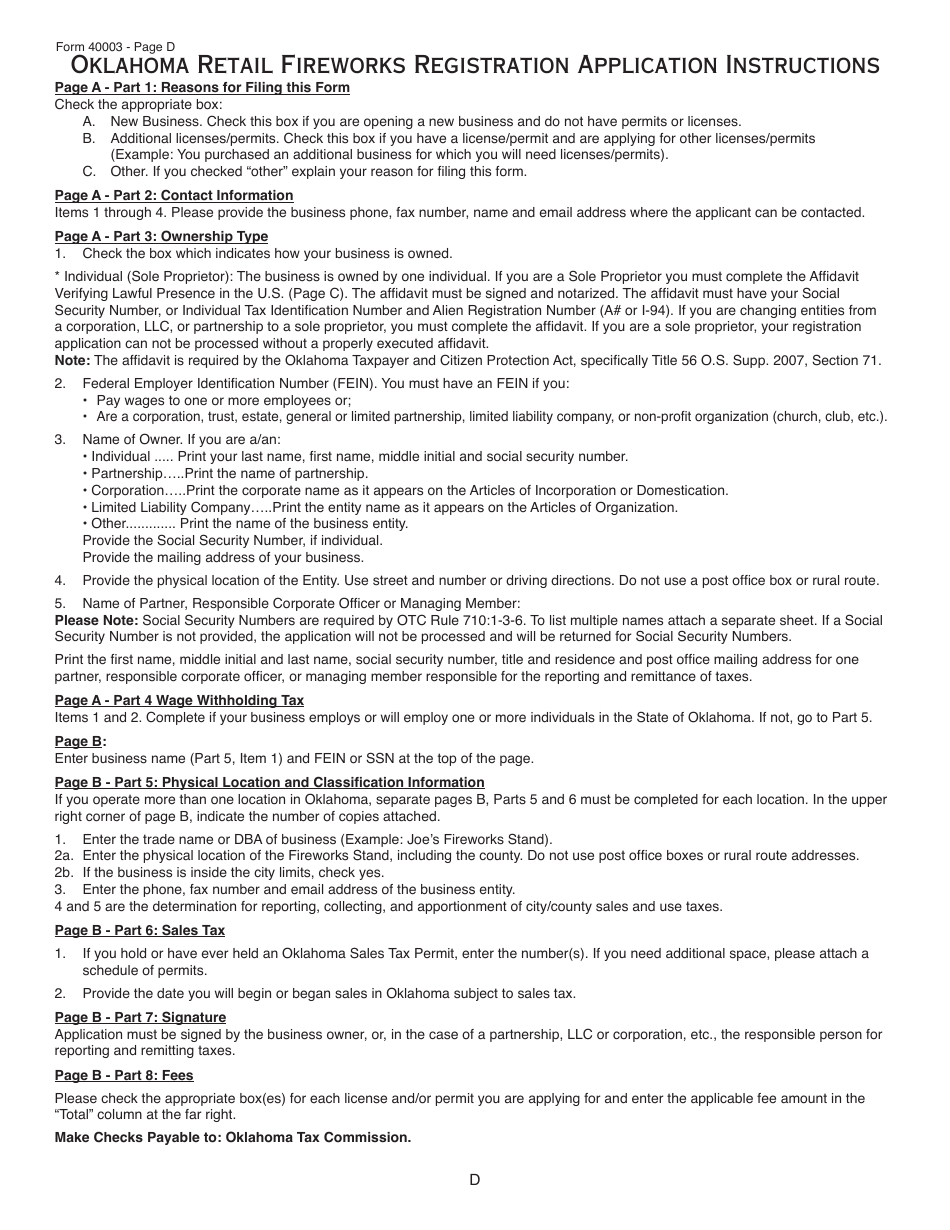 OTC Form 40003 Oklahoma Retail Fireworks Registration Application - Oklahoma, Page 4