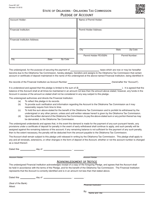OTC Form BT-167 Pledge of Account - Oklahoma