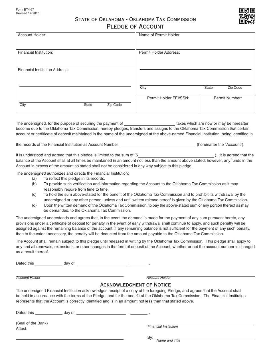 OTC Form BT-167 Pledge of Account - Oklahoma, Page 1