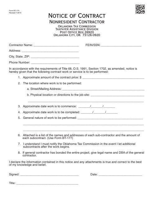 OTC Form BT-175 Notice of Contract - Nonresident Contractor - Oklahoma