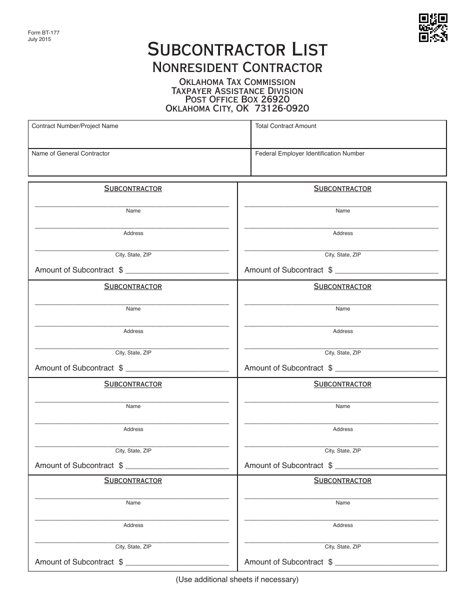 OTC Form BT-177 Subcontractor List - Nonresident Contractor - Oklahoma, Page 1