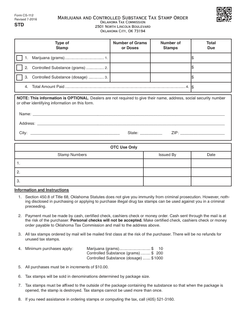 OTC Form CS-112 Marijuana and Controlled Substance Tax Stamp Order - Oklahoma