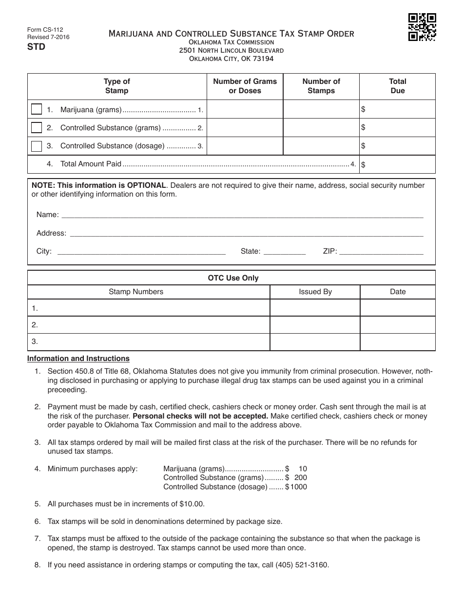 OTC Form CS-112 Marijuana and Controlled Substance Tax Stamp Order - Oklahoma, Page 1