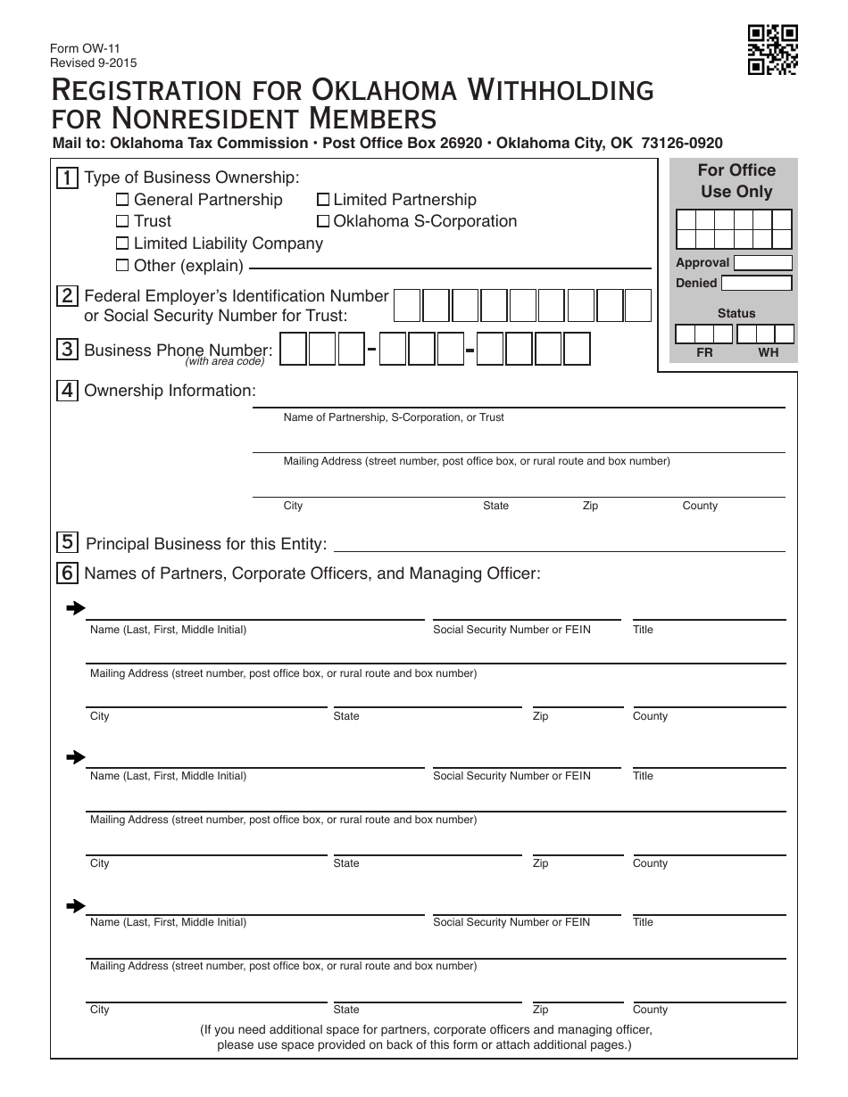 OTC Form OW-11 Registration for Oklahoma Withholding for Nonresident Members - Oklahoma, Page 1