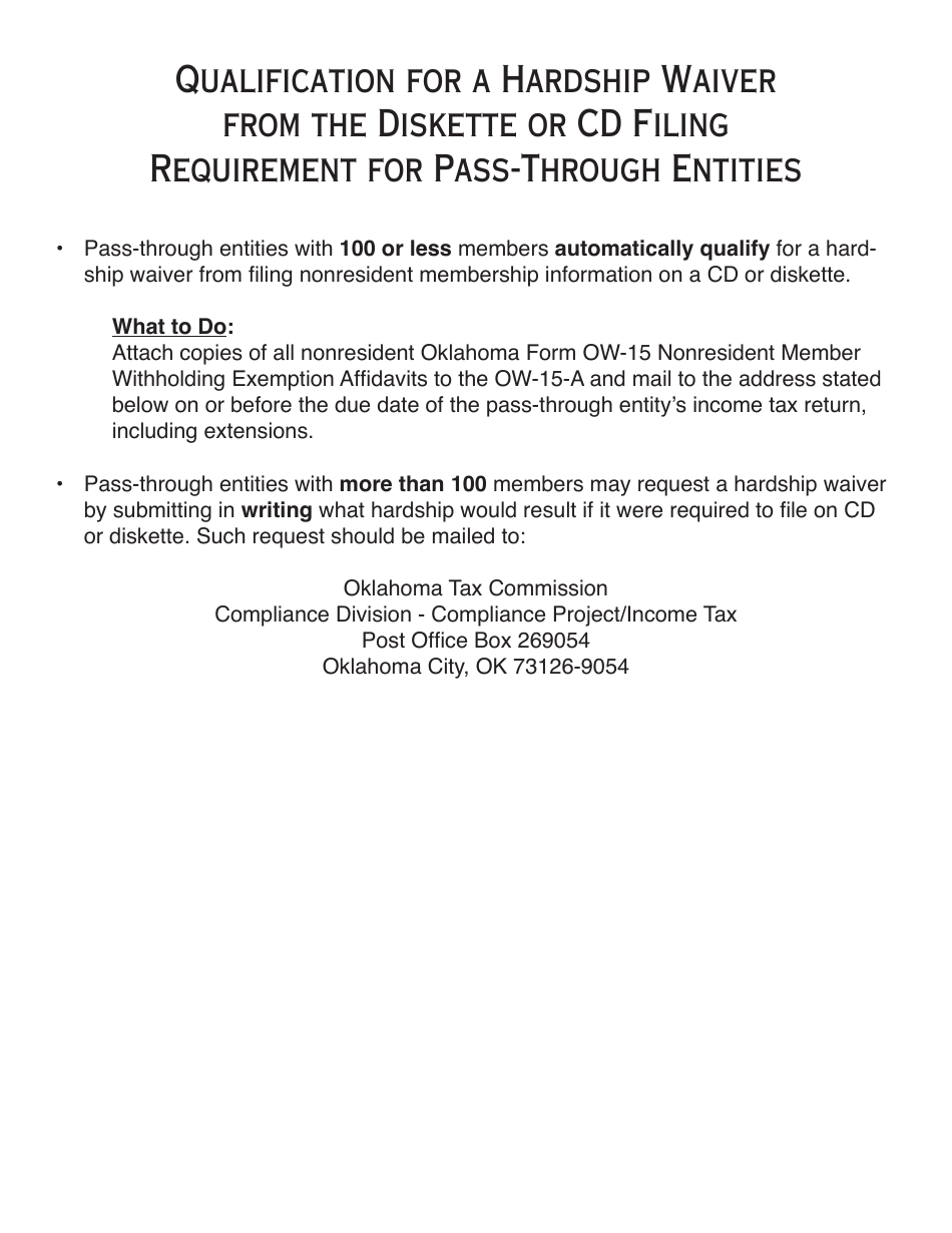 OTC Form OW-15 Nonresident Member Withholding Exemption Affidavit - Oklahoma, Page 1