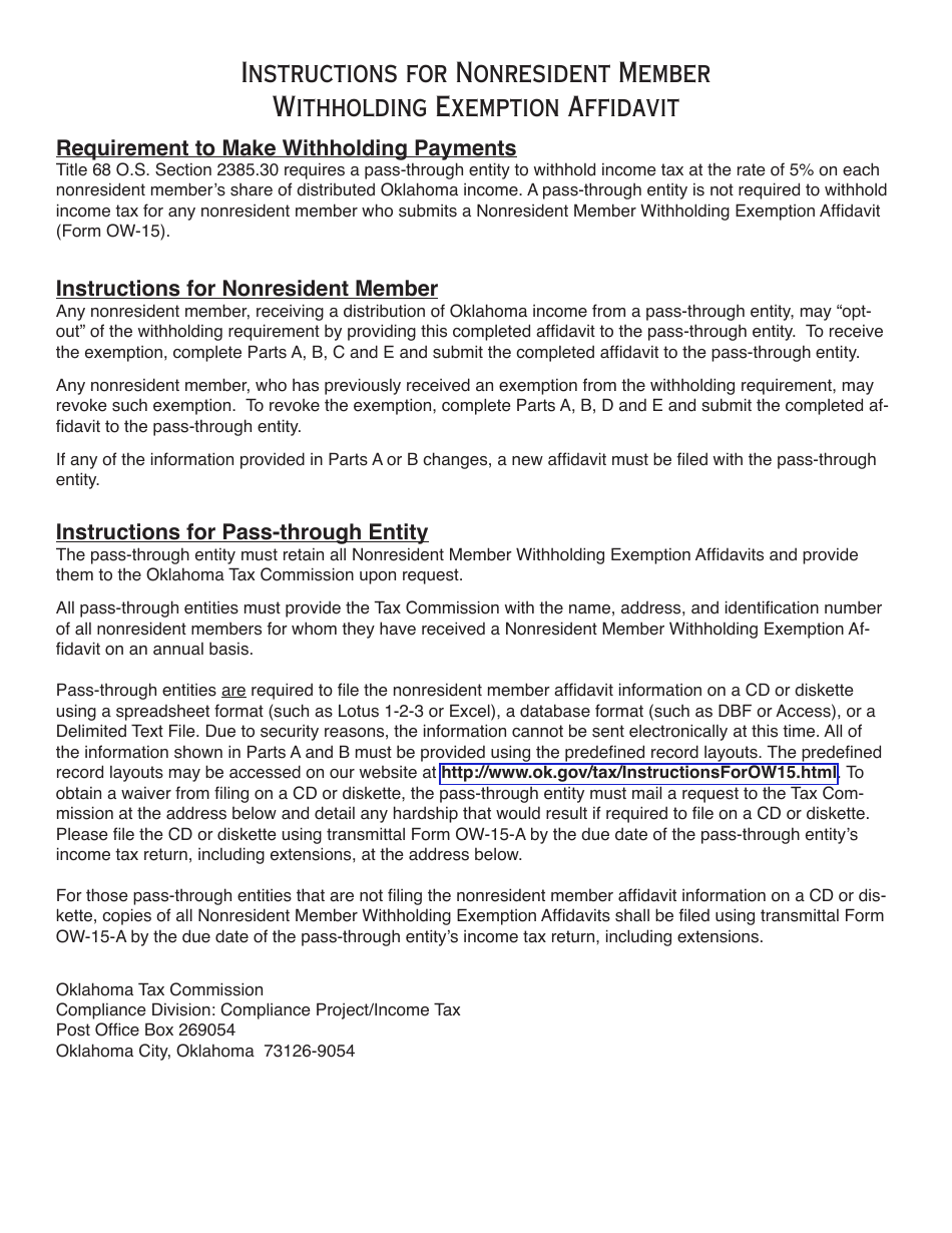 OTC Form OW-15 Nonresident Member Withholding Exemption Affidavit - Oklahoma, Page 3
