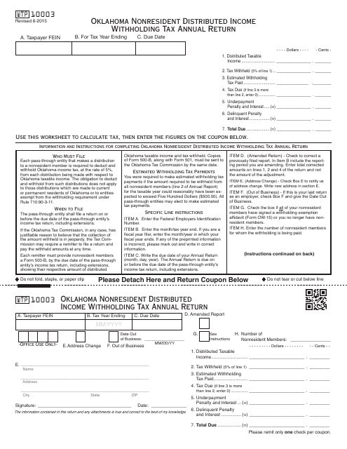 OTC Form WTP10003 Oklahoma Nonresident Distributed Income Withholding Tax Annual Return - Oklahoma