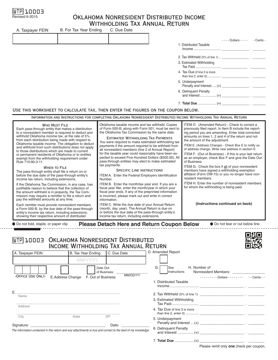 OTC Form WTP10003 Oklahoma Nonresident Distributed Income Withholding Tax Annual Return - Oklahoma, Page 1