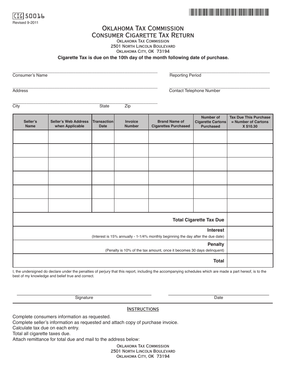 OTC Form CIG50016 Consumer Cigarette Tax Return - Oklahoma, Page 1
