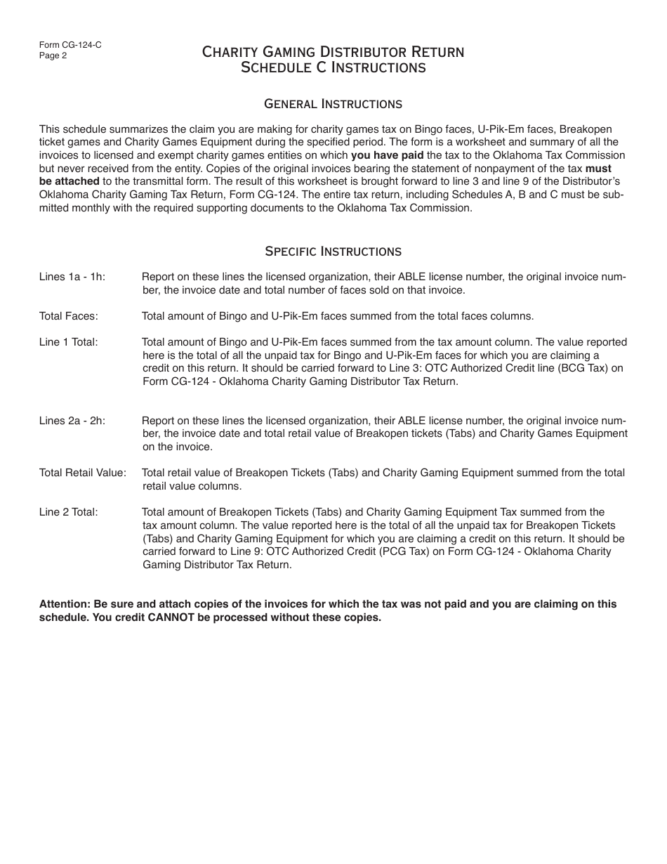 OTC Form 124 Oklahoma Charity Gaming Distributor Tax Return Packet - Oklahoma, Page 10