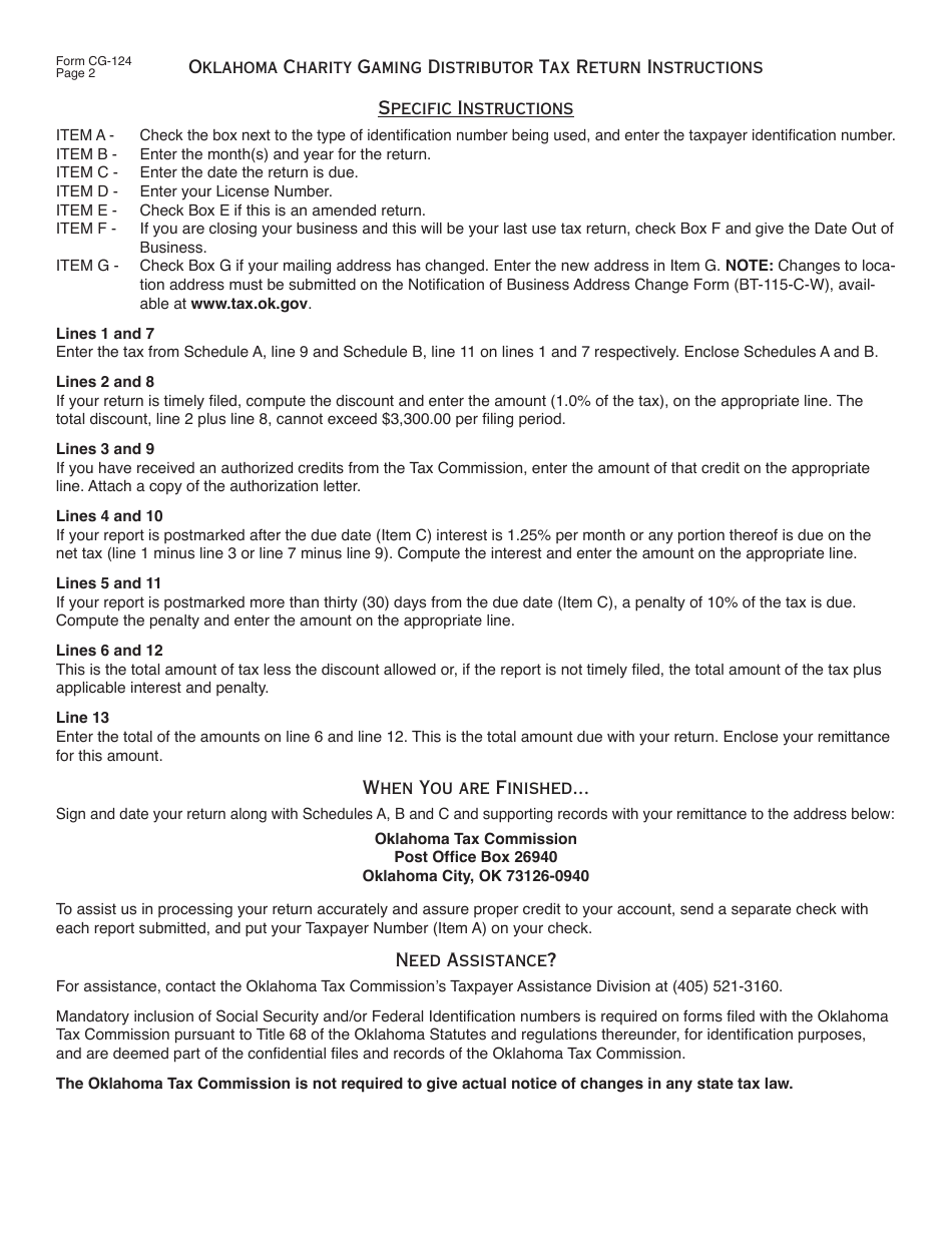 OTC Form 124 Oklahoma Charity Gaming Distributor Tax Return Packet - Oklahoma, Page 4