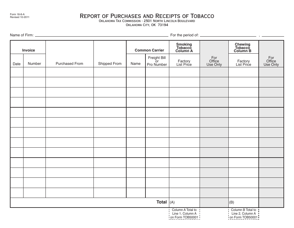 OTC Form 18-8-A Report of Purchases and Receipts of Tobacco - Oklahoma, Page 1