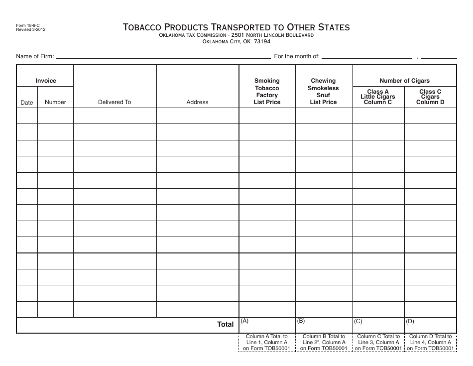 OTC Form 18-8-C Tobacco Products Transported to Other States - Oklahoma, Page 1