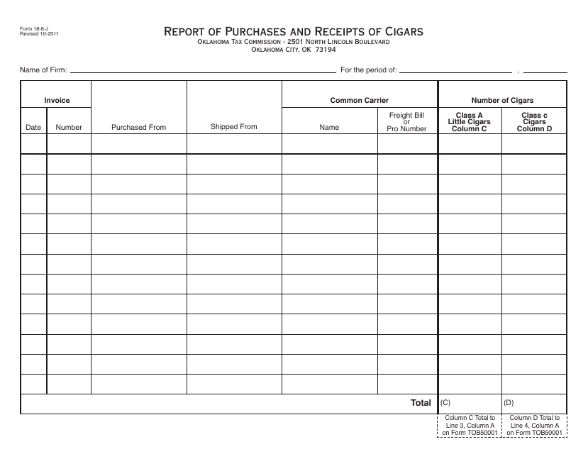 OTC Form 18-8-J Report of Purchases and Receipts of Cigars - Oklahoma