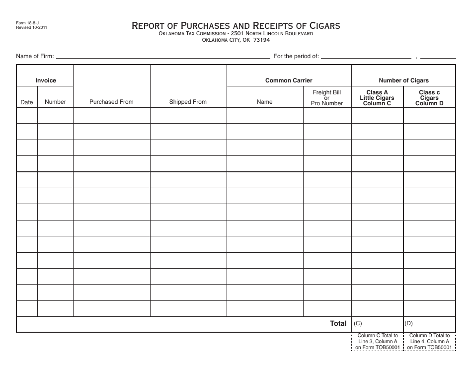 OTC Form 18-8-J Report of Purchases and Receipts of Cigars - Oklahoma, Page 1