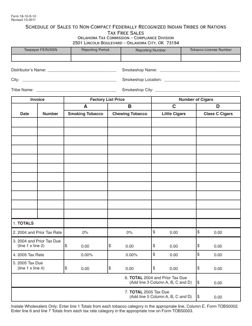 OTC Form 18-10-S-10 Schedule of Sales to Non-compact Federally Recognized Indian Tribes or Nations Tax Free Sales - Oklahoma