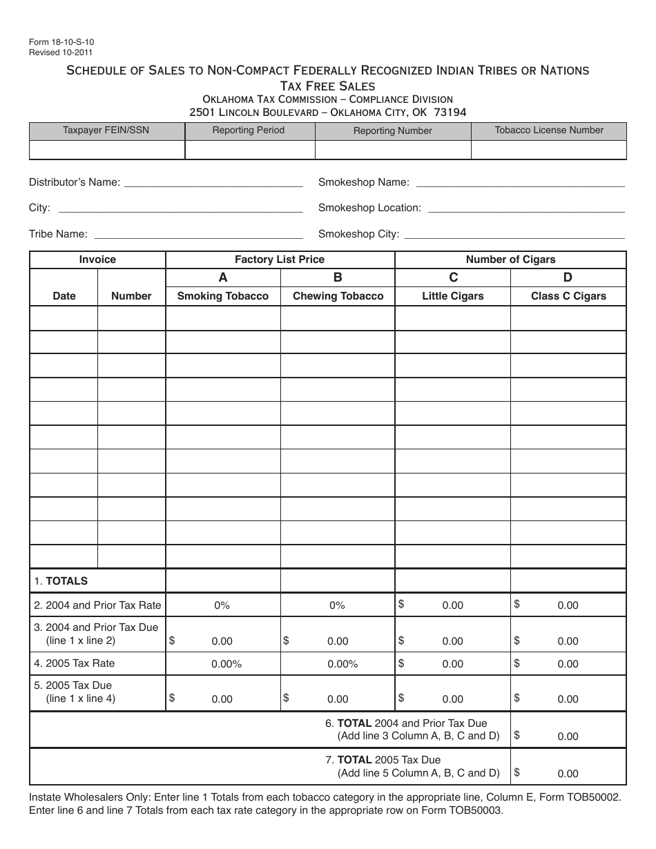 OTC Form 18-10-S-10 Schedule of Sales to Non-compact Federally Recognized Indian Tribes or Nations Tax Free Sales - Oklahoma, Page 1