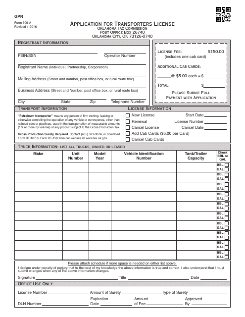 OTC Form 309-A  Printable Pdf