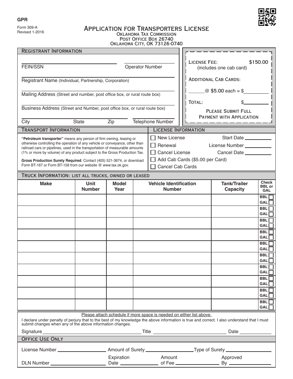 OTC Form 309-A Application for Transporters License - Oklahoma, Page 1
