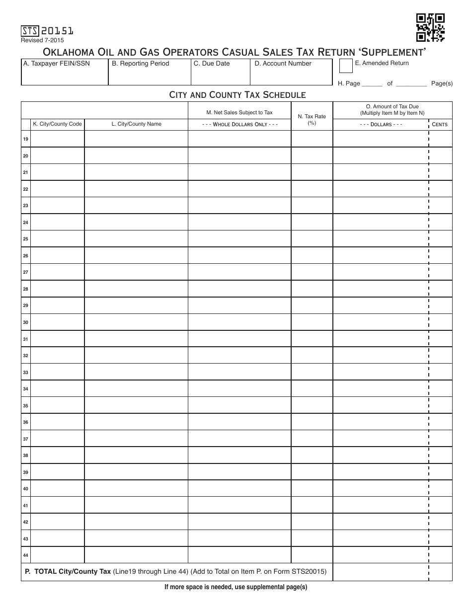 OTC Form STS20151 Oklahoma Oil and Gas Operators Casual Sales Tax Return supplement - Oklahoma, Page 1