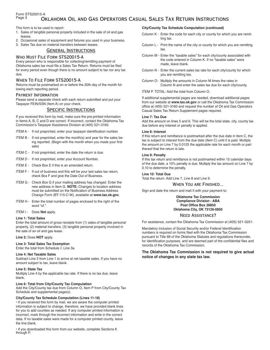 OTC Form STS20015-A Oklahoma Oil and Gas Operators Casual Sales Tax Return - Oklahoma, Page 4