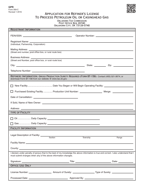OTC Form 309-C Application for Refiner's License to Process Petroleum Oil or Casinghead Gas - Oklahoma