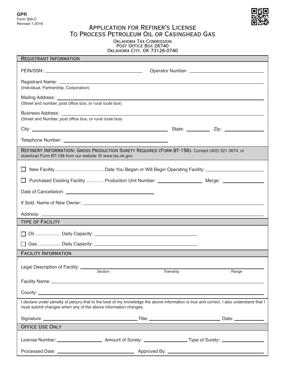 OTC Form 309-C Application for Refiners License to Process Petroleum Oil or Casinghead Gas - Oklahoma, Page 1