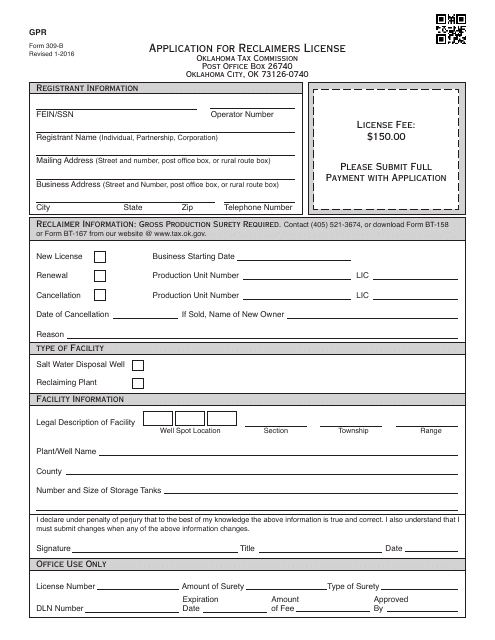 OTC Form 309-B Application for Reclaimers License - Oklahoma