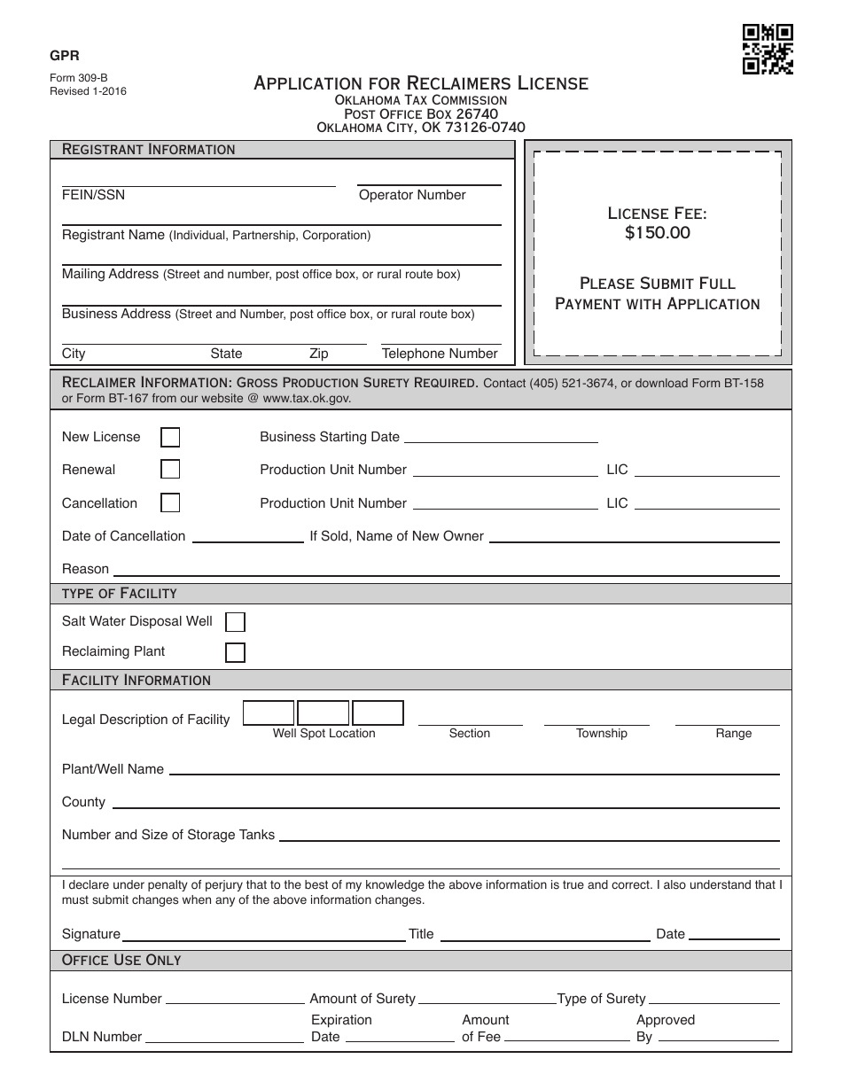OTC Form 309-B Application for Reclaimers License - Oklahoma, Page 1