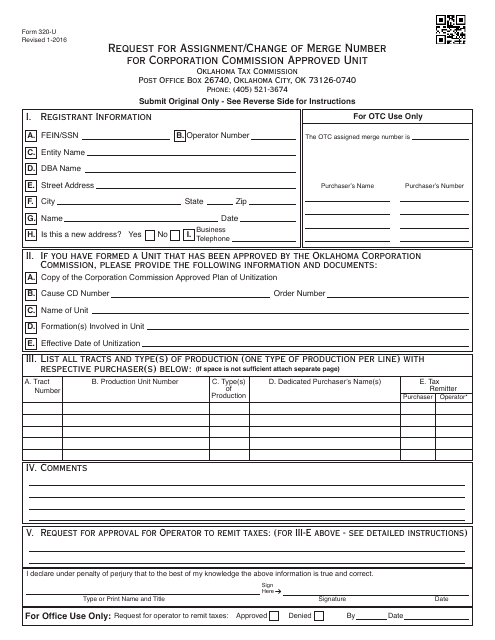 OTC Form 320-U Request for Assignment/Change of Merge Number for Corporation Commission Approved Unit - Oklahoma