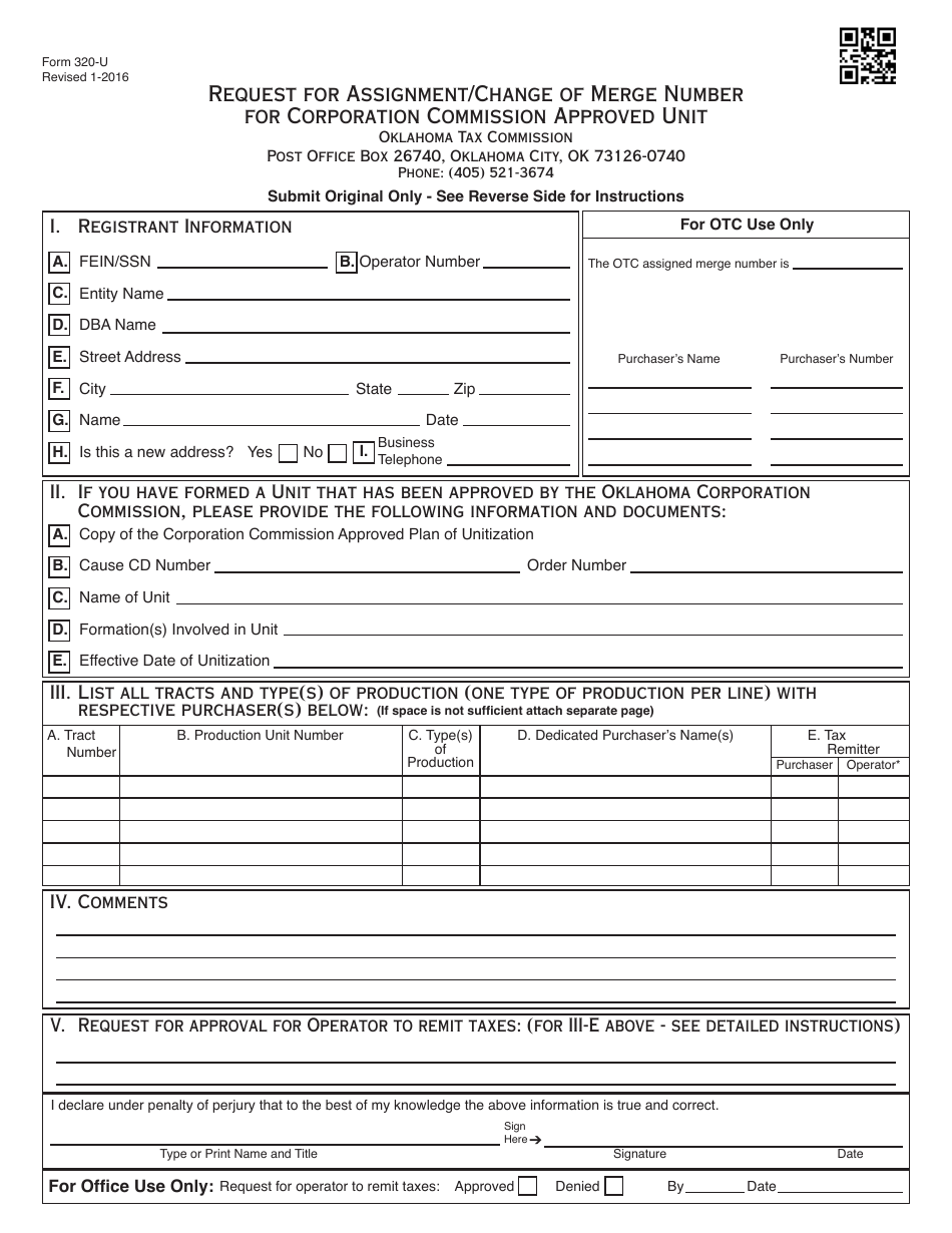 OTC Form 320-U Request for Assignment / Change of Merge Number for Corporation Commission Approved Unit - Oklahoma, Page 1