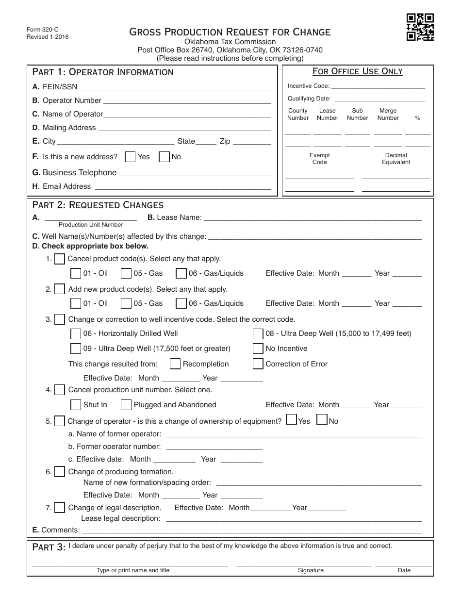 OTC Form 320-C Gross Production Request for Change - Oklahoma, Page 1