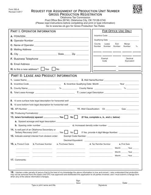 OTC Form 320-A Request for Assignment of Production Unit Number Gross Production Registration - Oklahoma