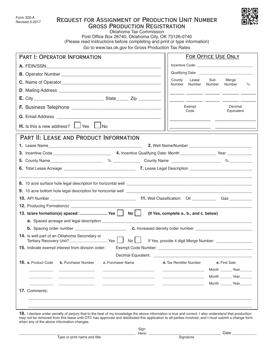 OTC Form 320-A Request for Assignment of Production Unit Number Gross Production Registration - Oklahoma, Page 1