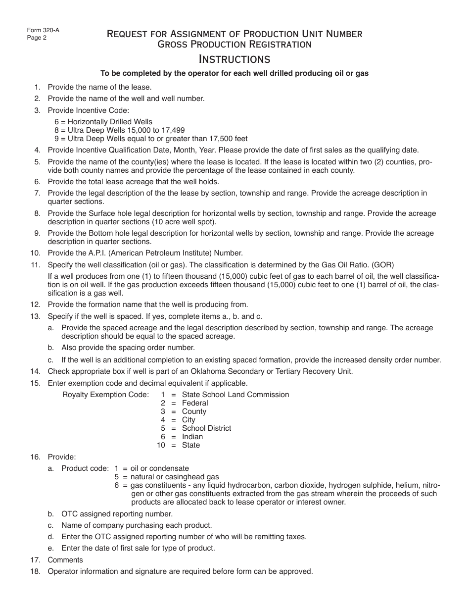 OTC Form 320-A Request for Assignment of Production Unit Number Gross Production Registration - Oklahoma, Page 2