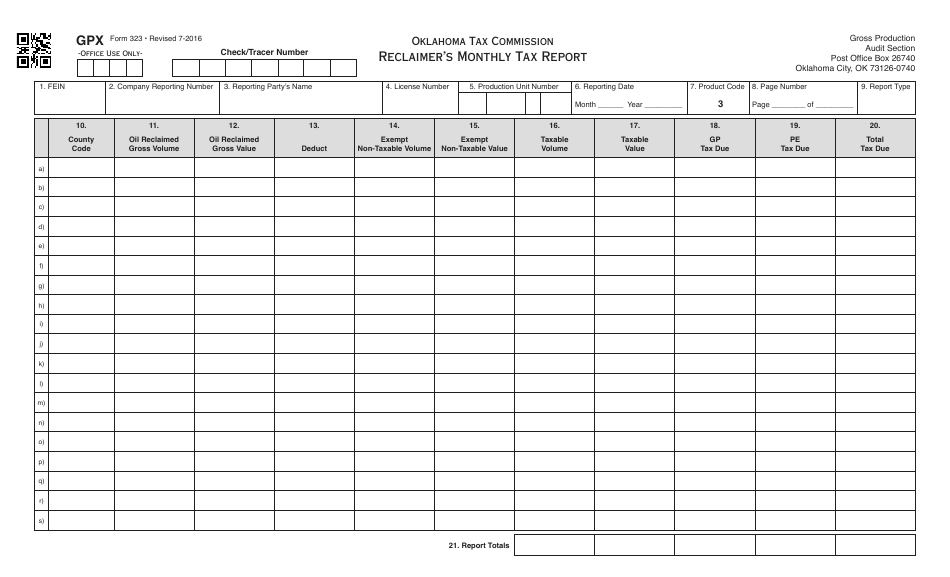 OTC Form 323 Reclaimers Monthly Tax Report - Oklahoma, Page 1