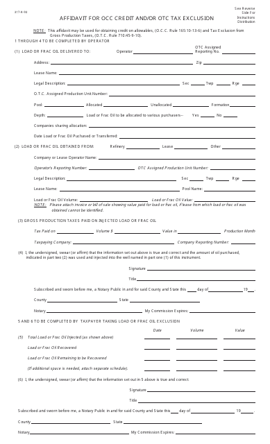 OTC Form 317-R-93 Affidavit for Occ Credit and/or OTC Tax Exclusion - Oklahoma