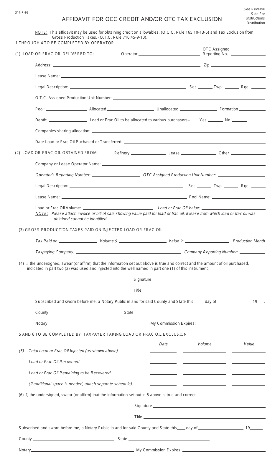 OTC Form 317-R-93 Affidavit for Occ Credit and / or OTC Tax Exclusion - Oklahoma, Page 1