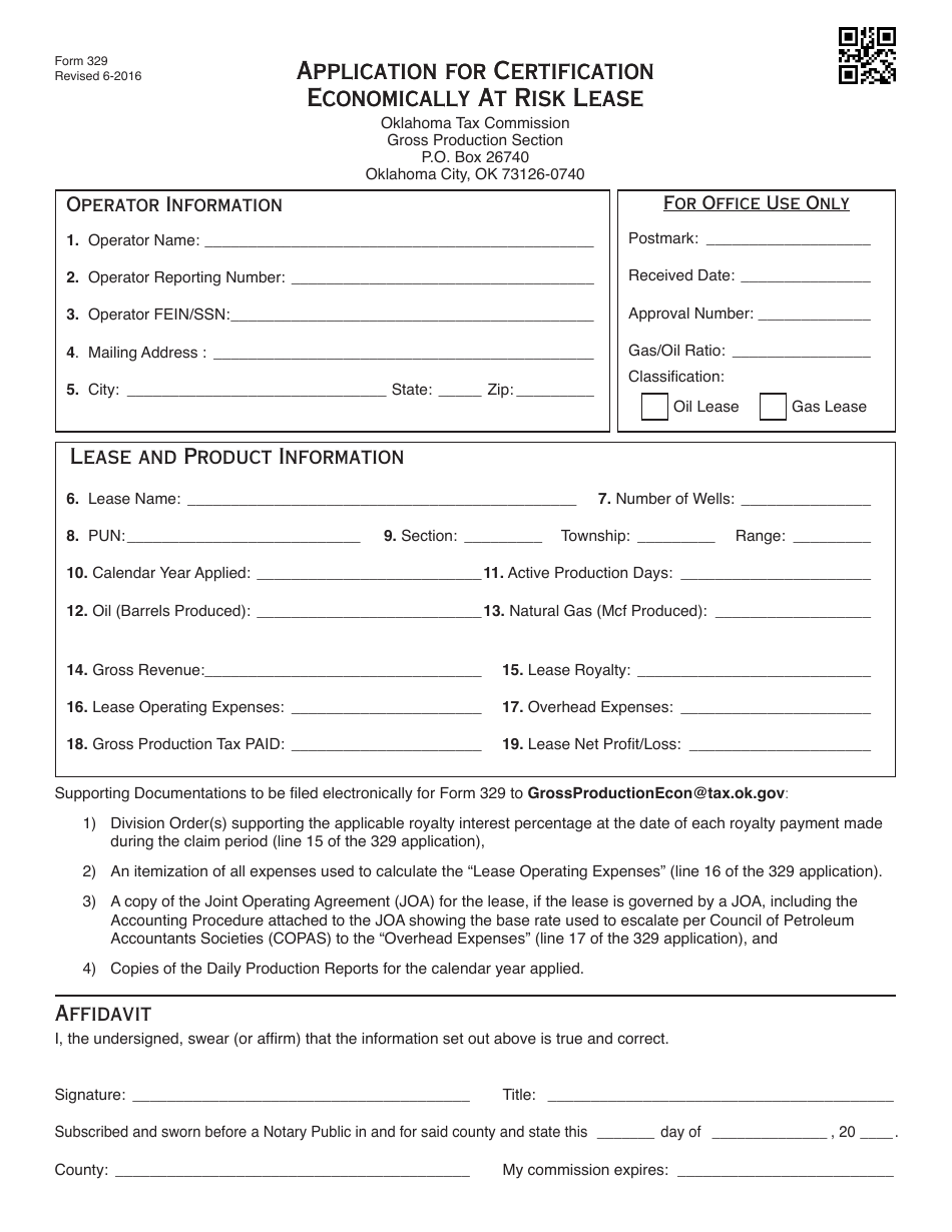 OTC Form 329 Application for Certification Economically at Risk Lease - Oklahoma, Page 1