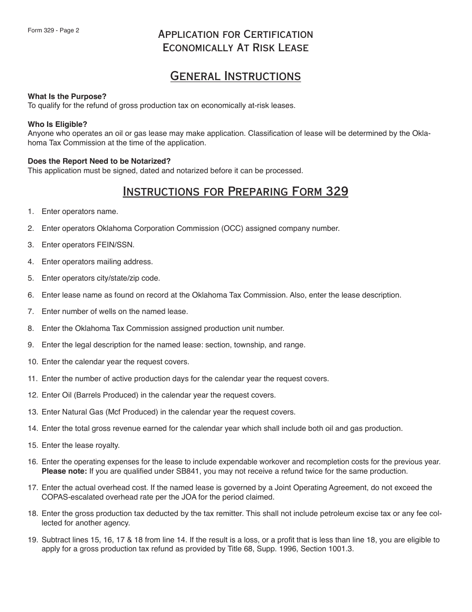 OTC Form 329 Application for Certification Economically at Risk Lease - Oklahoma, Page 2