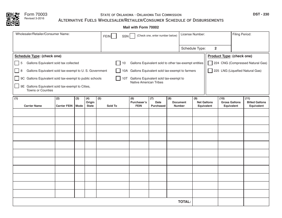 OTC Form 70003 Alternative Fuels Wholesaler / Retailer / Consumer Schedule of Disbursements - Oklahoma, Page 1