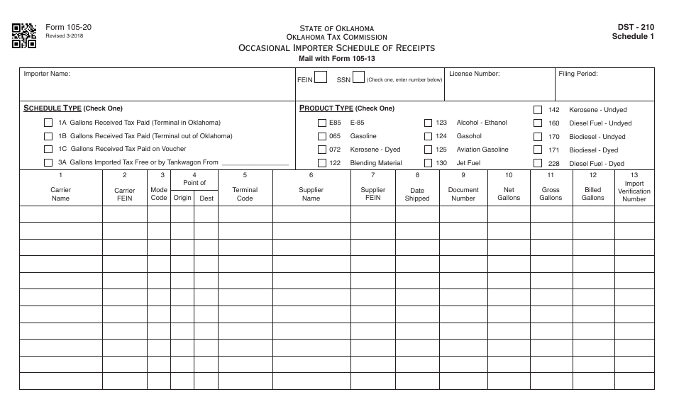 OTC Form 105-20 Occasional Importer Schedule of Receipts - Oklahoma, Page 1