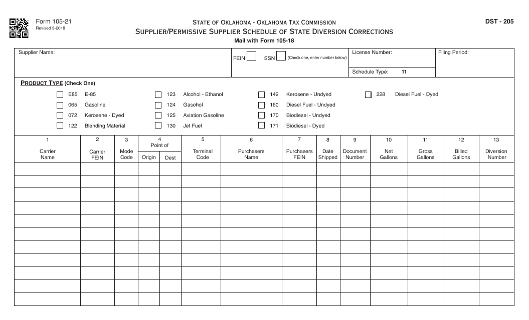 OTC Form 105-21 Supplier/Permissive Supplier Schedule of State Diversion Corrections - Oklahoma