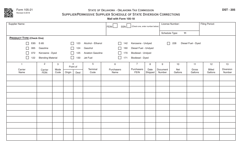 OTC Form 105-21 Supplier / Permissive Supplier Schedule of State Diversion Corrections - Oklahoma, Page 1