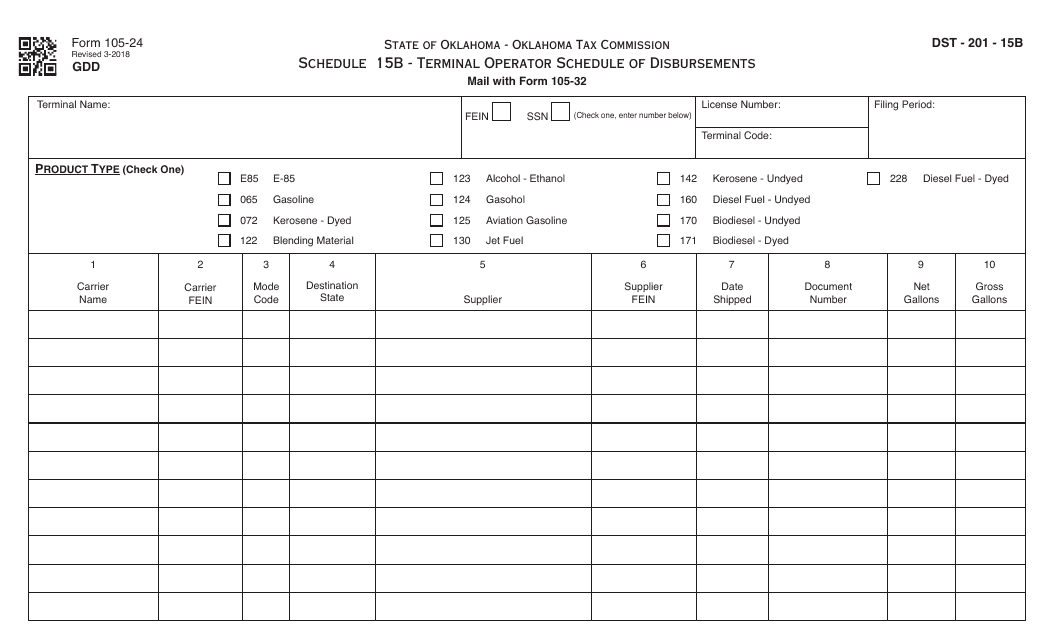 OTC Form 105-24 Schedule 15B  Printable Pdf
