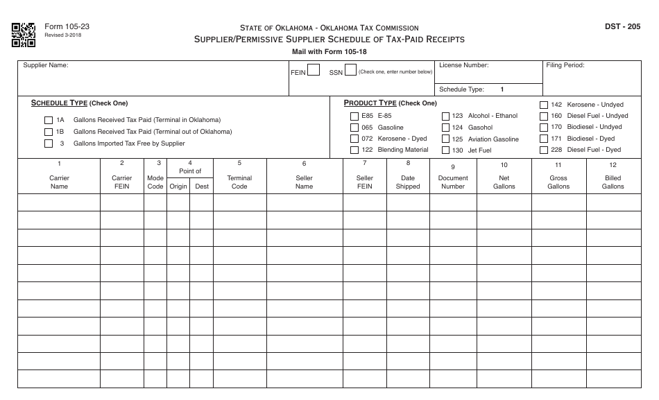 OTC Form 105-23 Supplier / Permissive Supplier Schedule of Tax-Paid Receipts - Oklahoma, Page 1