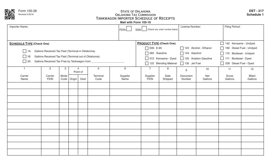 OTC Form 105-26 Tankwagon Importer Schedule of Receipts - Oklahoma, Page 1
