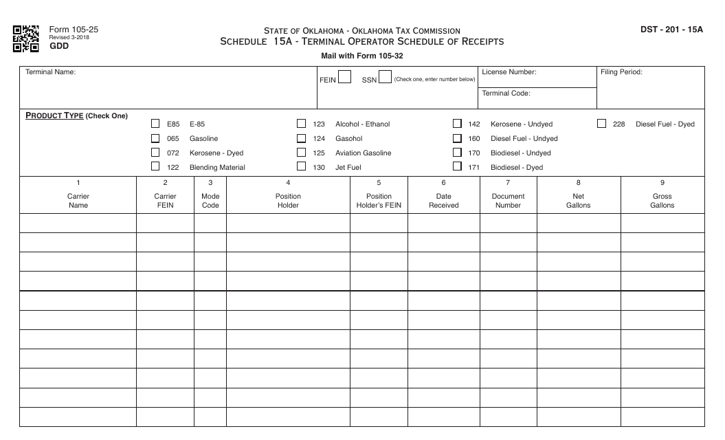 OTC Form 105-25 Schedule 15A  Printable Pdf